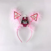 Hens Night Hair Band with pink fluffy ears and 'Bride to Be' signs for bachelorette parties.